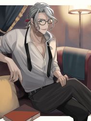 Rule 34 | 1boy, alternate costume, alternate hairstyle, arurandeisu, beard, belt, black necktie, black pants, blouse, blue eyes, book, couch, crossed legs, curtains, cushion, facial hair, feet out of frame, fingernails, glasses, grey hair, hair ribbon, hand on own thigh, highres, holostars, lamp, letterboxed, looking at viewer, low ponytail, mabuka (mabukaaaa), male focus, mature male, necktie, open collar, open mouth, outside border, pants, red ribbon, ribbon, round eyewear, shirt, sitting, sleeves rolled up, smile, solo, undone necktie, virtual youtuber, white shirt