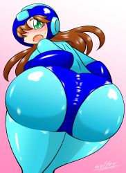 Rule 34 | 1girl, absurdres, ass, bent over, blush, bodysuit, breasts, brown hair, capcom, embarrassed, eyes visible through hair, gender request, genderswap, gradient background, green eyes, hair over one eye, helmet, highres, huge ass, large breasts, leaning, leaning forward, long hair, looking at viewer, looking back, mega man (character), mega man (classic), mega man (series), open mouth, rockgirl, signature, simple background, solo, spandex, sulfer, tight clothes