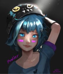 Rule 34 | 1girl, arcane: league of legends, arm up, artist name, black hat, character name, child, collarbone, facepaint, gradient background, green eyes, green shirt, hair ornament, hairclip, hat, highres, jinx (league of legends), league of legends, messy hair, parted lips, portrait, powder (arcane), shirt, short hair, smile, solo, teeth, yido (yidoarts)