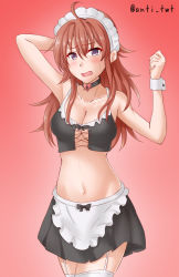 Rule 34 | 1girl, ahoge, alternate costume, anti (untea9), apron, arashi (kancolle), arm behind head, bikini, black skirt, breasts, cleavage, collarbone, cowboy shot, enmaided, frilled apron, frills, gradient background, highres, kantai collection, large breasts, long hair, looking at viewer, maid, maid apron, maid bikini, maid headdress, miniskirt, navel, open mouth, red background, red hair, skirt, solo, standing, sweatdrop, swimsuit, twitter username, unconventional maid, waist apron, white apron, wrist cuffs, yellow eyes