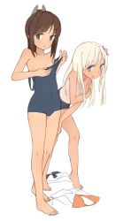 Rule 34 | 10s, 2girls, :o, bare legs, bare shoulders, barefoot, blonde hair, blue eyes, blue one-piece swimsuit, blush, brown eyes, brown hair, collarbone, competition school swimsuit, coupon (skyth), covered navel, covering privates, dark-skinned female, dark skin, eyebrows, feet, flat chest, flower, hair flower, hair ornament, i-401 (kancolle), kantai collection, legs together, long hair, looking at viewer, multiple girls, off shoulder, one-piece swimsuit, one-piece tan, parted lips, pink flower, ro-500 (kancolle), school swimsuit, shirt, unworn shirt, simple background, sleeveless, sleeveless shirt, swimsuit, tan, tanline, tareme, toes, topless, undressing, white background, white shirt