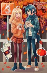 Rule 34 | 1boy, 1girl, :d, ahoge, akamatsu kaede, alternate costume, autumn leaves, blonde hair, blue pants, cheer (cheerpuppy14), commentary, cup, danganronpa (series), danganronpa v3: killing harmony, disposable cup, english commentary, eye contact, falling leaves, fortissimo, full body, green hair, green jacket, grey sweater, grin, hair ornament, hands up, highres, holding, holding cup, jacket, leaf, long hair, long sleeves, looking at another, musical note, musical note hair ornament, notice lines, open mouth, orange sweater, outdoors, outline, pants, pantyhose, petals, plaid, plaid jacket, plaid skirt, pleated skirt, pumpkin, red pantyhose, red skirt, saihara shuichi, shoes, short hair, sign, skirt, smile, sweater, teeth, tree, white outline