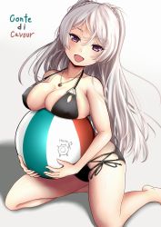 Rule 34 | 1girl, ball, beachball, bikini, black bikini, breast press, breasts, character name, cleavage, collarbone, conte di cavour (kancolle), enemy lifebuoy (kancolle), hair between eyes, highres, holding, holding ball, holding beachball, italian flag print, jewelry, kantai collection, kneeling, large breasts, long hair, looking at viewer, necklace, official alternate costume, open mouth, parted bangs, parted lips, purple eyes, r31harutan, side-tie bikini bottom, silver hair, solo, swimsuit, white background