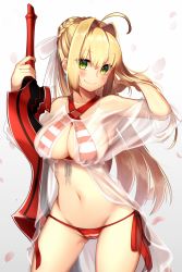 Rule 34 | ahoge, bikini, blonde hair, blush, breasts, cleavage, cleft of venus, closed mouth, contrapposto, cowboy shot, criss-cross halter, earrings, fate/grand order, fate (series), front-tie top, gluteal fold, gradient background, green eyes, hair bun, hair intakes, hair ribbon, half updo, halterneck, hand in own hair, jewelry, koruta (nekoimo), large breasts, long hair, looking at viewer, navel, nero claudius (fate), nero claudius (fate) (all), nero claudius (swimsuit caster) (fate), nero claudius (swimsuit caster) (third ascension) (fate), petals, ribbon, see-through, side-tie bikini bottom, simple background, single hair bun, smile, solo, standing, striped bikini, striped clothes, swimsuit, sword, weapon