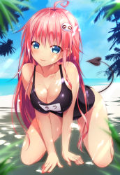 Rule 34 | 1girl, ahoge, all fours, bad id, bad pixiv id, bare legs, bare shoulders, beach, black one-piece swimsuit, black school swimsuit, blue eyes, blush, breasts, cleavage, day, demon tail, fingernails, hair ornament, highres, lala satalin deviluke, large breasts, lips, long hair, looking at viewer, name tag, ocean, one-piece swimsuit, pink hair, school swimsuit, shokuyou mogura, smile, solo, swimsuit, tail, to love-ru, wet