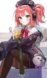 Rule 34 | 1girl, absurdres, ahoge, beret, blush, bow, bowtie, brown eyes, bubble tea, collared shirt, commission, cup, drinking straw, ear protection, fur trim, girls&#039; frontline, hair bobbles, hair ornament, hat, highres, holding, holding cup, jacket, long hair, long sleeves, looking at viewer, moko (moko/moko), mp7 (girls&#039; frontline), nail polish, off shoulder, open mouth, pantyhose, pink hair, pixiv commission, pleated skirt, ponytail, red hair, shirt, signature, sitting, skirt, solo, white shirt