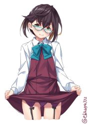 Rule 34 | 1girl, black hair, blue-framed eyewear, blush, bow, bowtie, brown hair, closed mouth, dress, ebifurya, glasses, green eyes, hair between eyes, highres, kantai collection, lifting own clothes, looking at viewer, multicolored hair, okinami (kancolle), one-hour drawing challenge, panties, purple panties, school uniform, shirt, short hair, simple background, sleeveless, sleeveless dress, solo, two side up, underwear, white background, white shirt