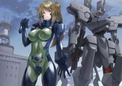 Rule 34 | 1girl, armored bodysuit, assault rifle, blue eyes, bodysuit, breasts, brown hair, character request, covered erect nipples, covered navel, fortified suit, gun, hair ribbon, highres, impossible bodysuit, impossible clothes, kurione (zassou), looking at viewer, mecha, medium breasts, muv-luv, muv-luv alternative, outdoors, ponytail, ribbon, rifle, robot, shiny clothes, smile, standing, weapon