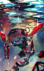 Rule 34 | 1girl, air bubble, bad id, bad pixiv id, bare arms, bare legs, bike shorts, black shorts, blue eyes, blunt bangs, bubble, diving, dual wielding, hands in pockets, headphones, highres, sports sandals, holding, holding weapon, inkling, inkling girl, inkling player character, kashu (hizake), knees up, long hair, looking down, mask, nintendo, open mouth, red hair, sandals, shirt, short sleeves, shorts, solo, splat dualies (splatoon), submerged, t-shirt, tentacle hair, toes, underwater, water, weapon