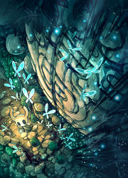 Rule 34 | artist name, blue butterfly, bug, bush, butterfly, cobblestone, commentary, creature, grass, highres, holding, holding lantern, hollow knight, insect, knight (hollow knight), lantern, leaf, mamoru mikokoro, mask, mosscreep (hollow knight), no humans, path, road, ruins, underground, water drop