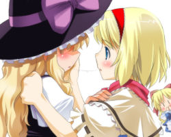 Rule 34 | 2girls, after kiss, alice margatroid, blonde hair, blue eyes, blush, couple, covering face, covering own mouth, covering privates, female focus, hair ribbon, hairband, hand on another&#039;s cheek, hand on another&#039;s face, hand on another&#039;s shoulder, hat, kirisame marisa, kiss, long hair, multiple girls, open mouth, ribbon, saliva, saliva trail, shanghai doll, short hair, touhou, umekichi, upper body, witch, witch hat, yuri, | |