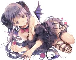 Rule 34 | 1girl, bad id, bad pixiv id, bare shoulders, black dress, blush, breasts, cherry, cleavage, closed mouth, collar, collarbone, commentary request, curled horns, demon girl, demon horns, demon tail, demon wings, detached wings, dress, fingernails, fishnet thighhighs, fishnets, food, fruit, full body, grey collar, highres, horns, jima, medium breasts, mini wings, mouth hold, nail polish, off-shoulder dress, off shoulder, original, puffy short sleeves, puffy sleeves, purple eyes, purple hair, purple nails, purple wings, revision, short sleeves, simple background, single thighhigh, solo, tail, thighhighs, white background, wings