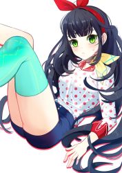 Rule 34 | 1girl, aqua thighhighs, bandana, black hair, blue shorts, blunt bangs, blush, bow, closed mouth, green eyes, hair bow, highres, lying, on back, one side up, original, polka dot, polka dot shirt, red bow, ryun c, shirt, short shorts, shorts, sidelocks, simple background, single thighhigh, sleeves past elbows, solo, sweatdrop, thighhighs, thighs, unmoving pattern, white background, white shirt
