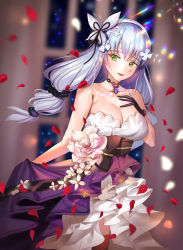 Rule 34 | 1girl, :d, absurdres, blunt bangs, blurry, blurry background, blush, breasts, cowboy shot, cross, dress, dress flower, facial mark, floating hair, gem, girls&#039; frontline, gloves, green eyes, hair ornament, hand on own chest, haribo kanten, head tilt, highres, hk416 (girls&#039; frontline), hk416 (starry cocoon) (girls&#039; frontline), indoors, large breasts, layered dress, long hair, looking at viewer, multi-tied hair, official alternate costume, open mouth, petals, purple gemstone, silver hair, smile, solo, strapless, strapless dress, teardrop, thighhighs, very long hair, wind