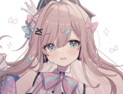 Rule 34 | 1girl, bare shoulders, blue eyes, blush, bow, bowtie, brown hair, crown, frills, hair bow, hair ornament, headset, highres, light smile, long hair, nijisanji, open mouth, roku 6, simple background, solo, suzuhara lulu, upper body, virtual youtuber, white background, x hair ornament