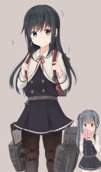 Rule 34 | &gt;:), 10s, 2girls, asashio (kancolle), belt, black hair, black legwear, black ribbon, blue eyes, brown eyes, buttons, cellphone, double-breasted, dress, eyebrows, grey background, grey hair, hair ribbon, heart, highres, holding, holding phone, kantai collection, kasumi (kancolle), kasumi kai ni (kancolle), long hair, long sleeves, looking at viewer, machinery, multiple girls, neck ribbon, open mouth, pantyhose, phone, pinafore dress, red ribbon, ribbon, school uniform, shirt, side ponytail, simple background, sleeveless, sleeveless dress, smartphone, smile, sparkle, taking picture, v-shaped eyebrows, white shirt, yuki (yukin0128)
