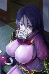 Rule 34 | 1girl, black gloves, blush, bodysuit, breasts, commentary, commission, covered navel, cup, curvy, dark, door, drinking glass, english commentary, english text, fate/grand order, fate (series), fingerless gloves, gloves, gold trim, highres, holding, holding cup, holding drinking glass, huge breasts, ippers, loincloth, long hair, low-tied long hair, minamoto no raikou (fate), motherly, outdoors, parted bangs, purple bodysuit, purple eyes, purple hair, ribbed sleeves, rope, sitting, solo, tabard, thick eyebrows, very long hair