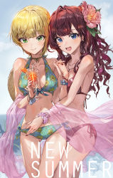 Rule 34 | 10s, 2girls, :3, :d, antenna hair, bikini, blonde hair, blue eyes, breasts, closed mouth, collarbone, cropped legs, cup, drink, drinking glass, drinking straw, earrings, fingernails, floral print, flower, flower bracelet, front-tie bikini top, front-tie top, gluteal fold, green bikini, green eyes, hair flower, hair ornament, halterneck, hand under clothes, hand under swimsuit, highres, holding, holding cup, holding drinking glass, holding hands, horizon, ichinose shiki, idolmaster, idolmaster cinderella girls, interlocked fingers, jewelry, long fingernails, long hair, looking at viewer, medium breasts, miyamoto frederica, modare, multiple girls, nail polish, navel, necklace, one side up, open mouth, pink flower, red bikini, red hair, red nails, sash, see-through, short hair, side-tie bikini bottom, smile, standing, swimsuit, thigh gap, wavy hair