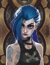 Rule 34 | 1girl, absurdres, arcane: league of legends, arcane jinx, artist name, asymmetrical bangs, bare shoulders, blue eyes, blue hair, braid, breasts, brown background, brown choker, choker, closed mouth, cloud tattoo, commentary, english commentary, gloves, highres, jinx (league of legends), league of legends, long hair, rnequinn, solo, tattoo, twin braids, twitter username, upper body