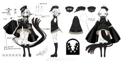 Rule 34 | 1girl, absurdres, ahoge, bare shoulders, black dress, black footwear, black hair, black headwear, black sleeves, boots, character sheet, cross-laced footwear, detached sleeves, dress, feather print, flask, flat cap, full body, gradient hair, grey necktie, hair wings, hat, highres, knee boots, lace-up boots, leotard, long hair, low ponytail, multicolored hair, multiple views, necktie, original, round-bottom flask, shokuen (oxstl), short dress, side slit, sleeveless, sleeveless dress, sleeves past fingers, sleeves past wrists, standing, test tube, thighhighs, turnaround, very long hair, weibo logo, weibo watermark, white background, white hair, white leotard, white thighhighs, wide sleeves