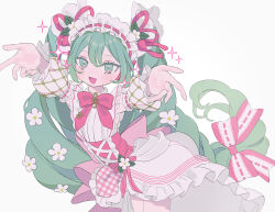 Rule 34 | 1girl, absurdres, aqua eyes, aqua hair, blush, bow, bowtie, commentary, detached sleeves, dress, drill hair, flower, frilled hairband, frills, hair flower, hair ornament, hairband, hakudaku, hatsune miku, highres, long hair, open mouth, outstretched arms, pink bow, pink bowtie, simple background, smile, solo, sparkle, strawberry miku (morikura), symbol-only commentary, treble clef, twin drills, very long hair, vocaloid, white background