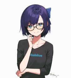 Rule 34 | 1girl, a-chan (hololive), black-framed eyewear, black shirt, blue bow, blue eyes, blue hair, blush, bow, breasts, closed mouth, clothes writing, commentary, copyright name, english commentary, english text, glasses, hair bow, happy birthday, head tilt, highres, hololive, looking at viewer, mixed-language commentary, ninomae ina&#039;nis (artist), parted bangs, second-party source, shirt, short hair, simple background, small breasts, smile, solo, symbol-only commentary, t-shirt, upper body, virtual youtuber, white background