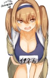 Rule 34 | 10s, 1girl, angry, annoyed, bent over, breasts, brown eyes, brown hair, cleavage, collarbone, dated, hairband, hanging breasts, highres, i-26 (kancolle), kantai collection, large breasts, leaning forward, light brown hair, long hair, looking at viewer, name tag, one-piece swimsuit, open clothes, open mouth, sailor collar, school swimsuit, shiragiku1991, short sleeves, solo, swimsuit, swimsuit under clothes, twitter username, two-tone hairband, two side up, white background