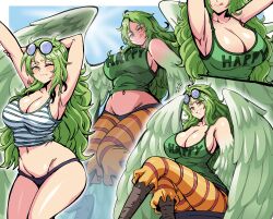 Rule 34 | 1girl, armpits, arms up, blush, breasts, cleavage, clothes writing, crop top, english text, feathered wings, feathers, glasses, green hair, groin, harpy, highres, large breasts, lewdamone, long hair, looking at viewer, midriff, monet (one piece), monster girl, multiple views, navel, one eye closed, one piece, smile, solo, striped, tank top, thighs, tongue, tongue out, winged arms, wings, yellow eyes