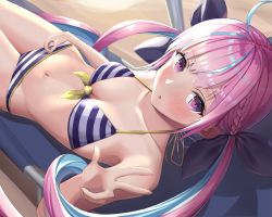 Rule 34 | 1girl, :o, ahoge, beach chair, bikini, blue hair, blush, breasts, cleavage, colored inner hair, halterneck, hololive, long hair, looking at viewer, lying, medium breasts, minato aqua, minato aqua (hololive summer 2019), multicolored hair, navel, nyaa28, official alternate costume, on back, pink hair, purple eyes, solo, striped bikini, striped clothes, swimsuit, twintails, two-tone hair, v, virtual youtuber