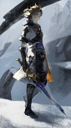 Rule 34 | 1boy, absurdres, albedo (genshin impact), black footwear, black gloves, black pants, blonde hair, boots, closed mouth, coat, elbow gloves, full body, genshin impact, gloves, highres, holding, holding sword, holding weapon, knee boots, looking at viewer, looking to the side, male focus, pants, shadow, short sleeves, solo, standing, sword, walking, weapon, white coat, zuu (kyuudo9)