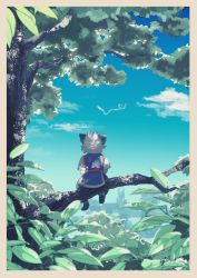 Rule 34 | 1boy, animal ears, blue sky, border, branch, brown border, cat boy, cat ears, cloud, cloudy sky, commentary request, day, facing away, from behind, highres, karukan (yude soramame), leaf, luo xiaohei, luo xiaohei (human), luo xiaohei zhanji, outdoors, plant, short hair, short sleeves, sky, solo, tree, white hair