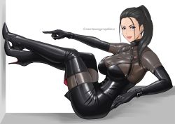 Rule 34 | 1girl, bdsm, black gloves, black hair, blue eyes, bodysuit, bondage, boots, bound, breasts, cleavage, dominatrix, dress, earrings, elbow gloves, gloves, high heel boots, high heels, jewelry, large breasts, latex, latex bodysuit, latex boots, latex dress, latex gloves, latex suit, looking at viewer, ponytail, see-through, serious graphics, shiny clothes, skin tight, stiletto boots, stiletto heels, tattoo, thigh boots, thighhighs