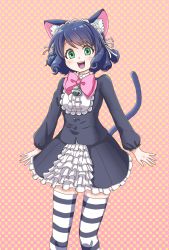 Rule 34 | 1girl, :d, animal ears, bell, blue hair, bow, cat ears, cat tail, cyan (show by rock!!), dress, frilled dress, frills, gothic lolita, green eyes, highres, lolita fashion, maid headdress, open mouth, patterned background, pink bow, show by rock!!, simple background, smile, solo, standing, striped clothes, striped thighhighs, tail, thighhighs, thousand (sentyuu89)