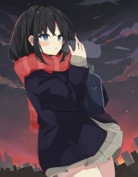 Rule 34 | 1girl, bag, black hair, blue eyes, blue jacket, blush, breath, cityscape, cloud, cowboy shot, dutch angle, enpera, grey skirt, grey sweater, hand up, highres, jacket, open mouth, original, outdoors, pleated skirt, polyethyle, red scarf, scarf, school bag, school uniform, skirt, solo, striped clothes, striped scarf, sunset, sweater, thighs