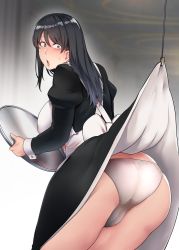 Rule 34 | 1girl, apron, ass, blush, breasts, clothes lift, from behind, huge ass, large breasts, leaning forward, looking back, maid, maid apron, open mouth, panties, skirt, skirt lift, solo, standing, surprised, toritora, underwear, white panties