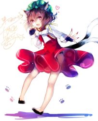Rule 34 | 1girl, animal ears, bad id, bad pixiv id, black gloves, bow, brown hair, cat ears, cat tail, chen, daimaou ruaeru, dress, fingerless gloves, gloves, hat, heart, long sleeves, looking at viewer, mob cap, multiple tails, nekomata, open mouth, paw print, red dress, red eyes, shirt, smile, solo, tail, touhou