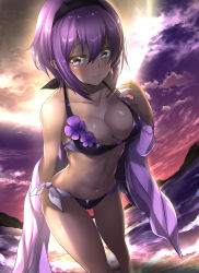 Rule 34 | 1girl, abs, bikini, blush, breasts, cleavage, closed mouth, cloud, cloudy sky, dark-skinned female, dark skin, embarrassed, fate/grand order, fate/prototype, fate/prototype: fragments of blue and silver, fate (series), flower, full moon, hairband, hassan of serenity (fate), hatori mia, highres, looking at viewer, medium breasts, moon, navel, night, purple bikini, purple eyes, purple hair, short hair, side-tie bikini bottom, sky, solo, swimsuit, undressing