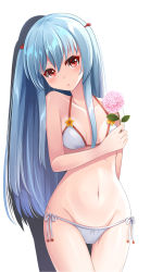 Rule 34 | 1girl, absurdres, arm behind back, bad id, bad pixiv id, bikini, blue hair, blush, breasts, cleavage, collar, cowboy shot, fengli (709622571), flower, fubuki (warship girls r), groin, hair between eyes, hair ornament, head tilt, highres, holding, holding flower, long hair, looking at viewer, navel, pink flower, red eyes, side-tie bikini bottom, simple background, small breasts, solo, standing, swimsuit, thigh gap, very long hair, warship girls r, white background, white bikini