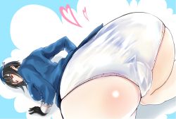 Rule 34 | 10s, 1girl, ass, black hair, blush, breasts, cameltoe, foreshortening, from behind, gloves, hat, heart, huge ass, kantai collection, military, military uniform, panties, personification, red eyes, ricochet-gou, short hair, smile, takao (kancolle), top-down bottom-up, underwear, uniform