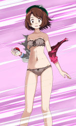 Rule 34 | 1girl, black ribbon, bow, bow bra, bow panties, bra, breasts, brown eyes, brown hair, cleavage, creatures (company), frilled bra, frills, game freak, gloria (pokemon), green headwear, grey bra, grey panties, groin, highres, holding, holding poke ball, looking at viewer, medium hair, navel, nintendo, open mouth, panties, poke ball, pokemon, pokemon swsh, purple background, ribbon, scared, small breasts, solo, standing, strapless, strapless bra, sweatdrop, torn clothes, tsukishiro saika, underwear, underwear only
