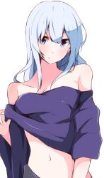 Rule 34 | 1girl, bare shoulders, blue eyes, blue hair, closed mouth, clothes lift, enelis, idolmaster, idolmaster million live!, idolmaster million live! theater days, light blue hair, long hair, looking at viewer, navel, shiraishi tsumugi, shirt lift, simple background, solo, strapless, upper body, white background