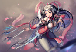 Rule 34 | 1girl, armor, black hair, blue eyes, breasts, cherry blossoms, cleavage, cleavage cutout, clothing cutout, faulds, floating, floating object, floating sword, floating weapon, headgear, irelia, league of legends, long hair, medium breasts, moonandmist, motion blur, pelvic curtain, standing, sword, tagme, very long hair, weapon