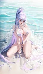 Rule 34 | 1girl, absurdly long hair, absurdres, bare shoulders, barefoot, bikini, breasts, closers, commentary request, dore (gilles dore), fingernails, full body, gradient hair, hair between eyes, highres, large breasts, long hair, looking at viewer, mirae (closers), multicolored hair, nail polish, open mouth, outdoors, ponytail, purple hair, red eyes, silver hair, sitting, solo, summer, swimsuit, thighs, toenail polish, toenails, very long hair, water, wet, white bikini