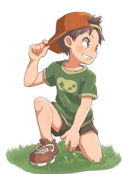 Rule 34 | 1boy, backwards hat, baseball cap, brown footwear, child, commentary, commentary request, grass, green shirt, hat, highres, kneeling, looking to the side, male focus, original, shirt, short sleeves, shorts, simple background, smile, sweat, teeth, tjugemu, white background