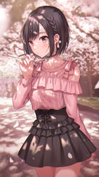 Rule 34 | 1girl, absurdres, black hair, black skirt, blouse, blush, braid, brown eyes, brown hair, cherry blossoms, clothing cutout, collarbone, commentary request, cowboy shot, earrings, flower, highres, holding, huge filesize, jewelry, long sleeves, looking at viewer, outdoors, petals, pleated skirt, project sekai, shinonome ena, shirt, short hair, shoulder cutout, skirt, solo, standing, swept bangs, tokkyu, tree