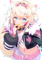 Rule 34 | 1girl, absurdres, animal collar, animal ears, bandaid, bandaid hair ornament, belt, black collar, black jacket, blue eyes, blush, claws, collar, collarbone, commentary, cowboy shot, cropped jacket, cropped shirt, crossed bangs, dog ears, dog girl, double-parted bangs, doughnut, fake horns, flat chest, food, fur-trimmed jacket, fur trim, hair between eyes, hair intakes, hair ornament, hairband, highres, holding, holding food, hololive, hololive english, horns, jacket, light brown hair, long sleeves, looking at viewer, midriff, mococo abyssgard, mococo abyssgard (1st costume), multicolored hair, open clothes, open jacket, pink belt, pink hair, pink hairband, pon de ring, puffy long sleeves, puffy sleeves, shinomiya shino (sinosino141), shirt, short hair, short shorts, shorts, solo, standing, streaked hair, t-shirt, tail, two side up, virtual youtuber, white shirt, white shorts, x hair ornament