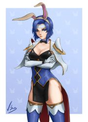 Rule 34 | 1girl, blue eyes, blue hair, breasts, catria (fire emblem), cleavage, embarrassed, fire emblem, fire emblem: mystery of the emblem, highres, lips, nintendo, rabbit ears, short hair, solo, thevitus, thighs