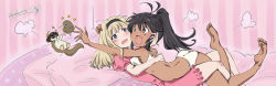 Rule 34 | 2girls, ass, bed, bird, black hair, blonde hair, blue eyes, blush, breasts, brown eyes, hairband, highres, hug, kiwi (bird), long hair, luminous witches, manaia matawhaura hato, maria magdalena dietrich, multiple girls, on bed, oonishi koala, open mouth, panties, ponytail, small breasts, smile, squirrel, underwear, white panties, world witches series, yuri
