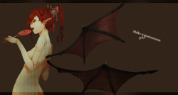 Rule 34 | 1girl, 2010, bad id, bad pixiv id, bat wings, candy, demon girl, eating, food, from behind, halloween, highres, licking, lollipop, long hair, nude, oomsz, pointy ears, ponytail, red hair, solo, wings, yellow eyes