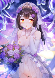 1girl bare_shoulders black_hair blush bouquet breasts bridal_veil censored coffeekite dress elbow_gloves fate/kaleid_liner_prisma_illya fate_(series) feather_hair_ornament feathers flower gloves hair_flower hair_ornament hairclip highres jewelry lactation long_hair looking_at_viewer miyu_edelfelt navel necklace nipples no_panties open_mouth petite pregnant pussy ring rose see-through see-through_skirt sidelocks skirt small_breasts solo tiara twintails veil white_dress white_gloves yellow_eyes